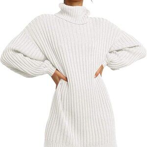LOGENE Women's Sweater Dress Turtleneck in White